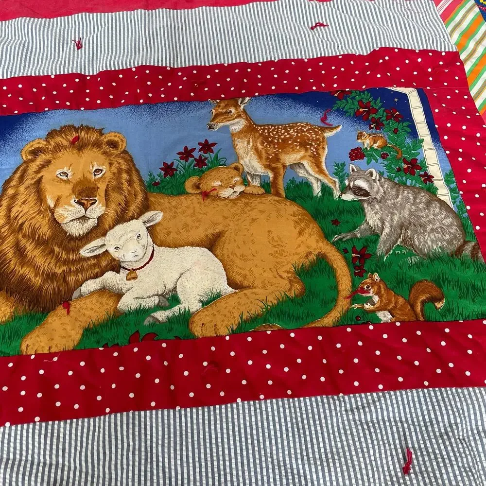 Handmade Patchwork Baby Blanket Bible Theme Lamb Lion Comforter Animals OOAK